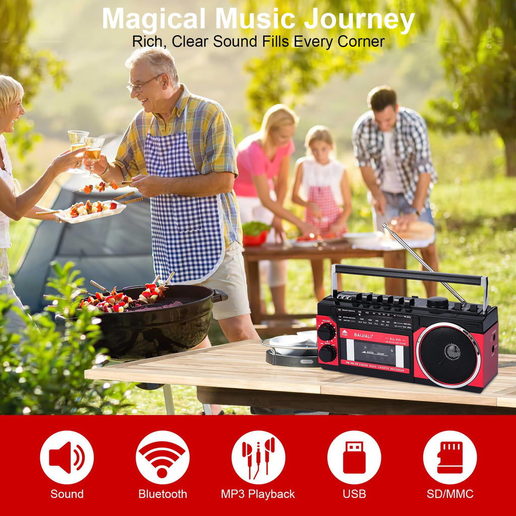 BAIJIALI Portable Cassette Player with AM/FM/SW Radio & BT | Boombox for Home and Travel, Record from Radio, Play via SD/USB, Headphone Jack, AC/Battery Power