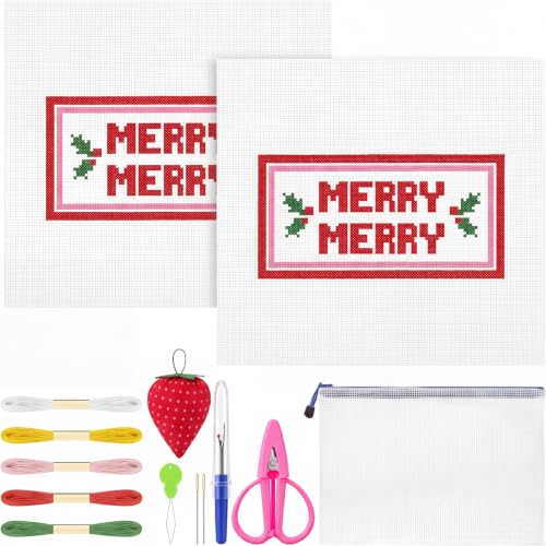 XunYee 25 Pcs Merry Merry with Holly Needlepoint Kit for Beginners Adults | Starters 13 Mesh Hand Painted Printed Needle Point Canvas Set 2 Pattern Cloth 7.8'' Thread Guide Card threader Pincushion