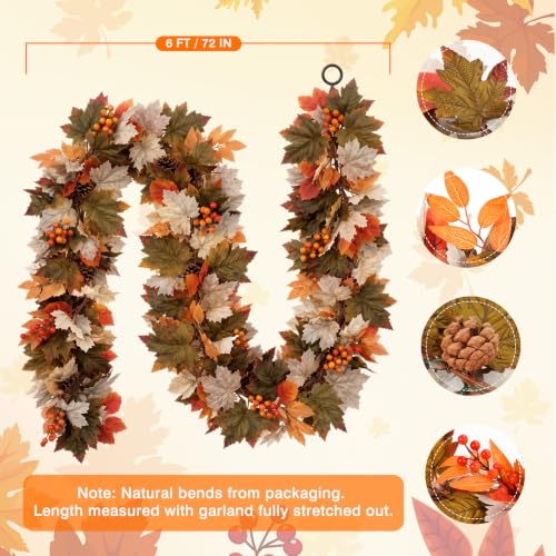 Luxspire 6 FT Fall Garland with Lights and Timer for Fall Decor | Fall Leaves Garland with Lights, Berries Maple Leaves Pinecones, Fall Decorations for Home Mantle Porch Window Stair Railing