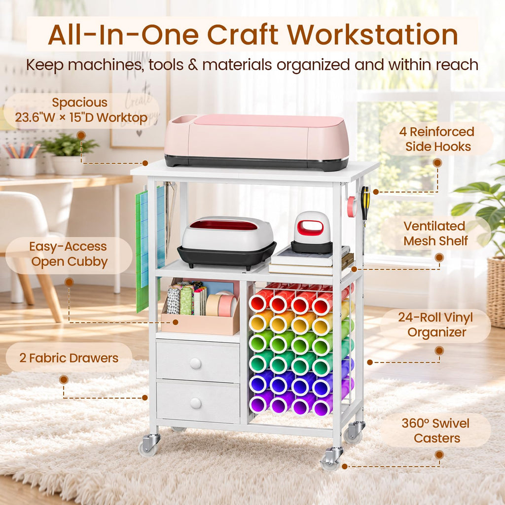 Snughome Rolling Craft Cart for Cricut Machine, Organizer and Storage Stand | 23.6" x 15" Worktop, Large Craft Organizer Cart with 24 Vinyl Roll Holders, 2 Fabric Drawers, 4 Hooks and 4 Silent Casters