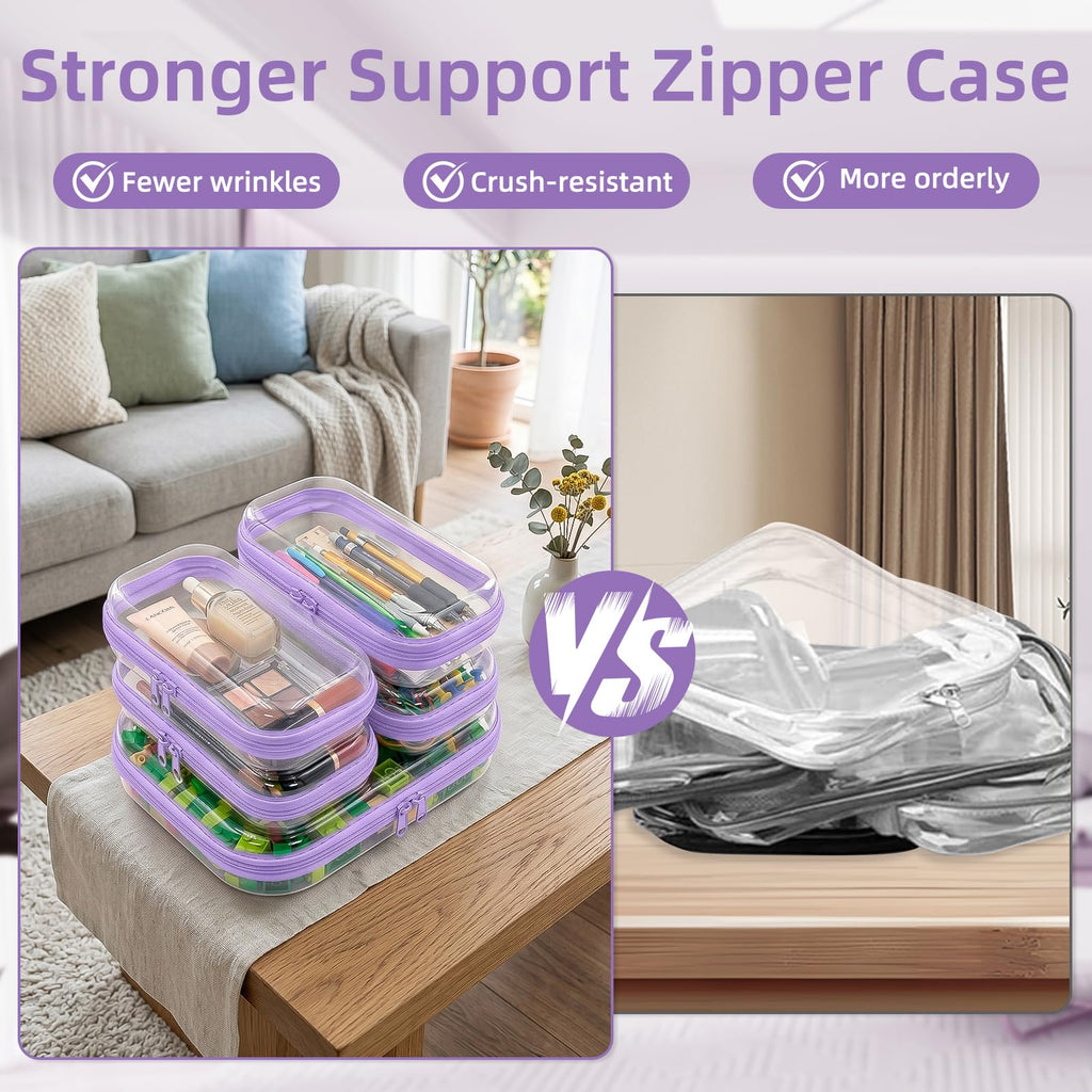 CarryEpic Clear Hard Shell Zipper Cases (5 Packs), Plastic Hard Sided Zippers Pouches Clear Hardshell Pencil Case For Storage, Diaper Bag Organizer Bliss Bins 4*Small/1*Medium, Purple