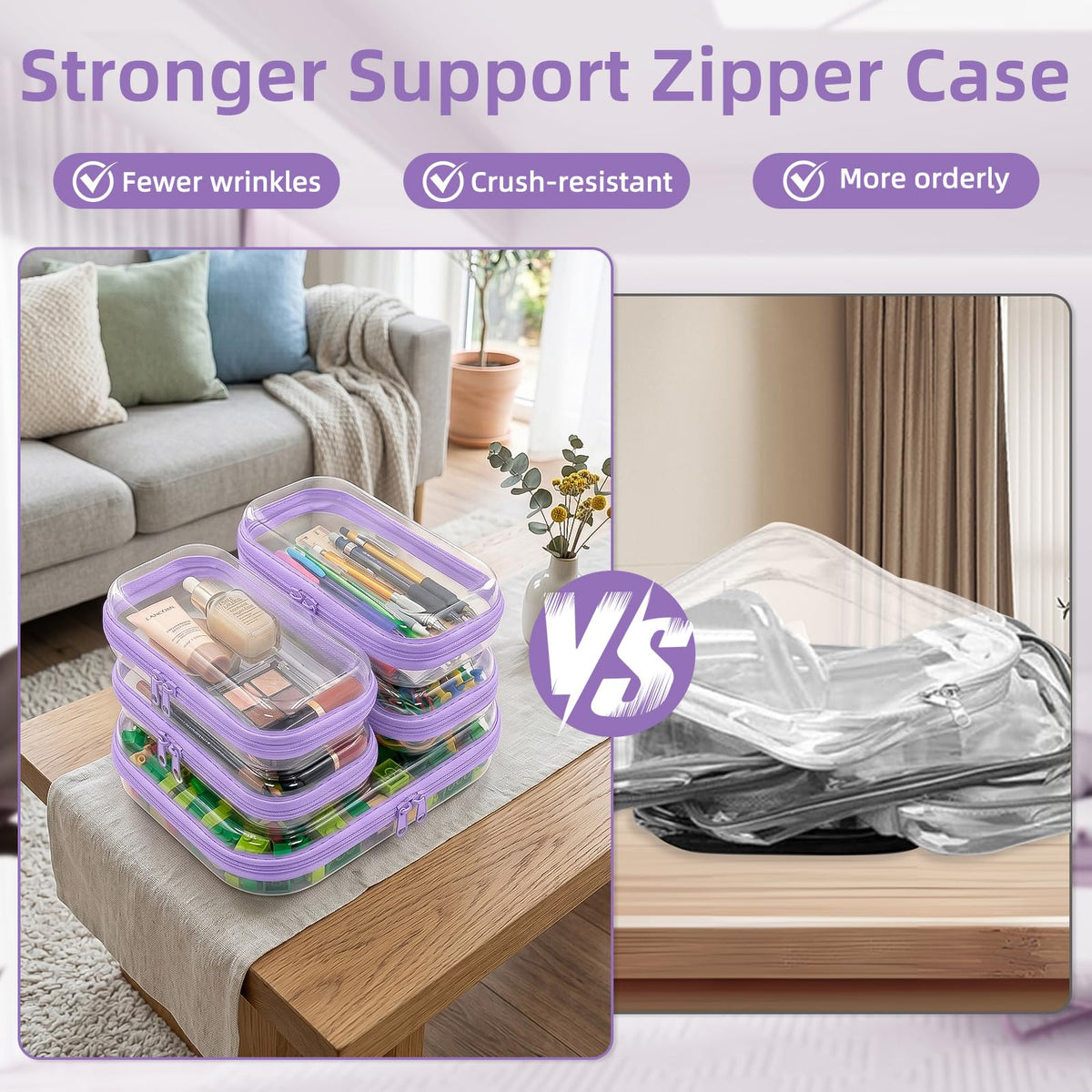 CarryEpic Clear Hard Shell Zipper Cases (5 Packs), Plastic Hard Sided Zippers Pouches Clear Hardshell Pencil Case For Storage, Diaper Bag Organizer Bliss Bins 4*Small/1*Medium, Purple