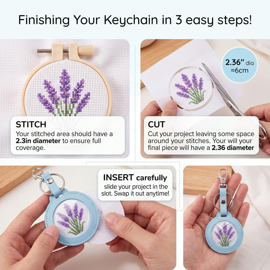Whimsibelle 5 Pcs Self Finishing Needlepoint Key Fob Keychain, Round, Light | Self Finishing Needlepoint Kit, Needlepoint Keychain, PU Key Fob, Self Finishing Cross Stitch Keychain, Bag Charm DIY Key Fob