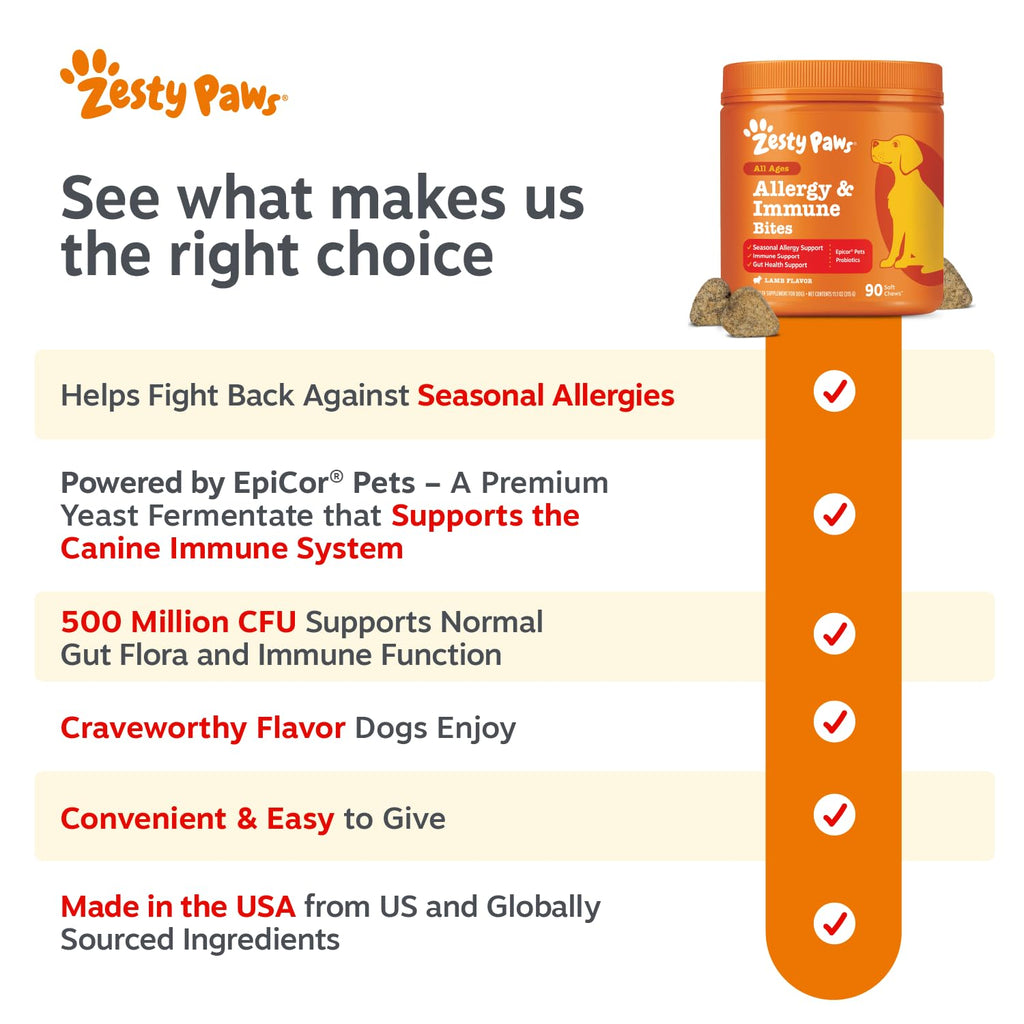 Zesty Paws Dog Allergy Chews - Dog Allergy Relief, Lamb, 90 Ct | Itch Relief for Dogs Soft Chews with Probiotics for Itchy Skin, Ears and Paws