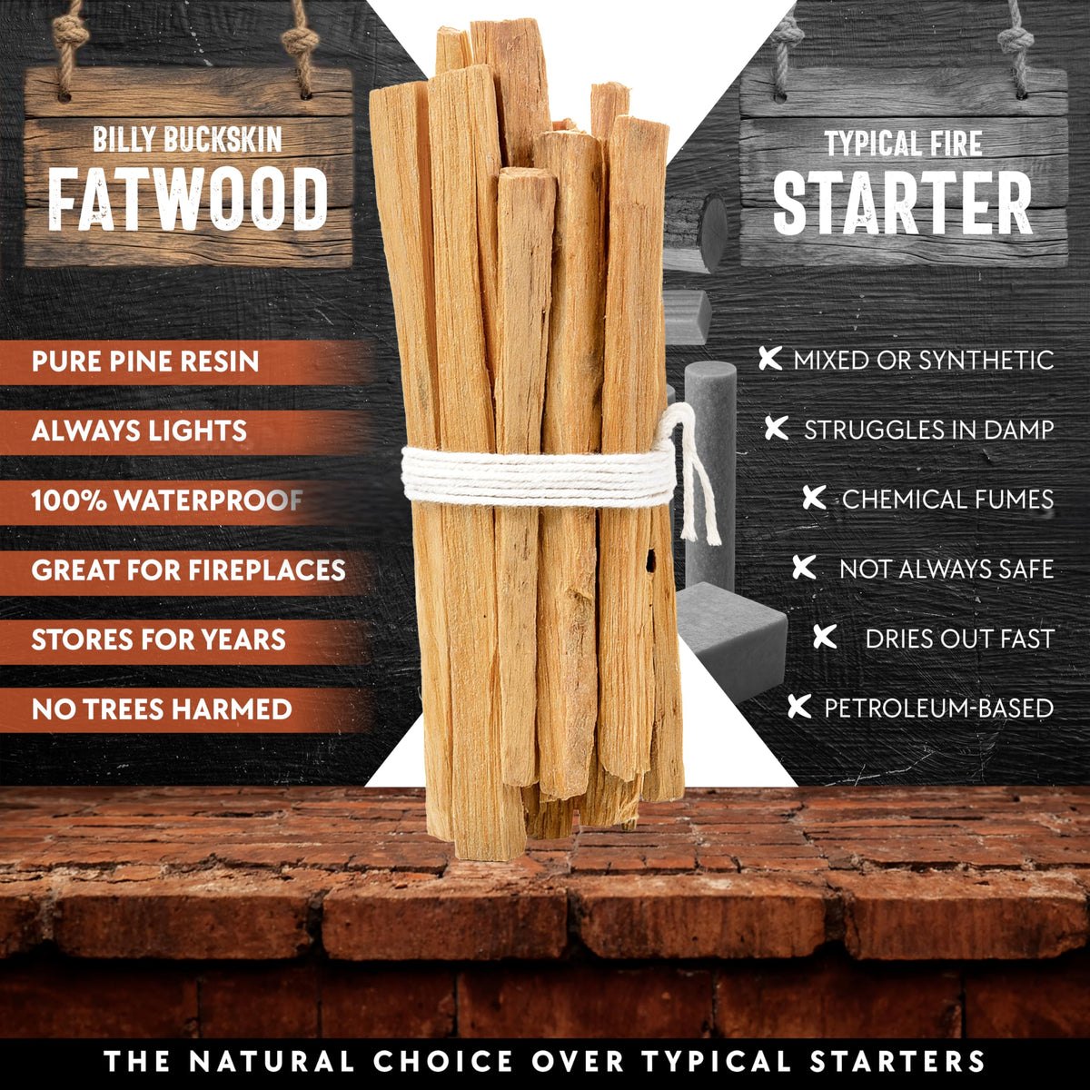 Billy Buckskin 10lb Fatwood Fire Starter Sticks, 100% Natural Firestarter | Lights when wet, For Campfires, Firepit, Fireplaces, BBQ & Wood Stoves, Easy Ignition with Just 2 Sticks, Camping Essentials