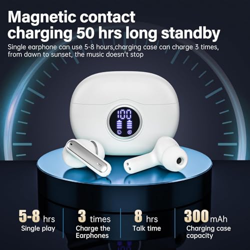Fhumsh Wireless Earbuds, Bluetooth 5.3 Headphones HiFi Stereo 50H Playback LED Digital Display Ear Buds with ENC Noise Canceling Headset, IPX7 Waterproof Earphones for Gym/Running/Work（White）