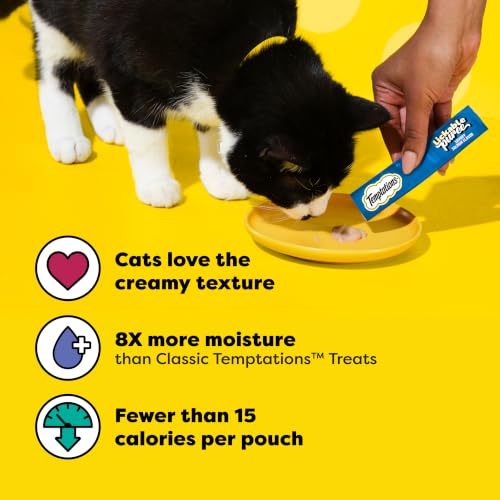 Temptations Creamy Puree Cat Treats, Chicken, Salmon & Tuna, 24 Count | Chicken, Salmon, Tuna flavors, under 15 cal/tube, no added sugar/fillers, squeezable treat or meal topper, great for seniors
