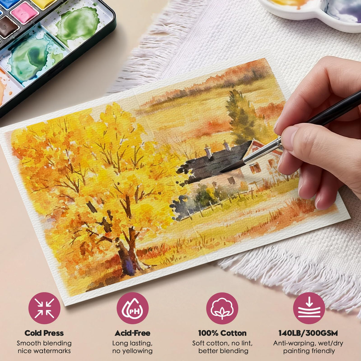 KOVIEDE 50 Pack Foldable Blank Watercolor Cards with Envelopes 5" x 7" | 140lb/300gsm, Heavyweight, Cold Press, Acid-Free, 100% Cotton Water Color Cards to Painting, Cards Making, DIY Art Projects