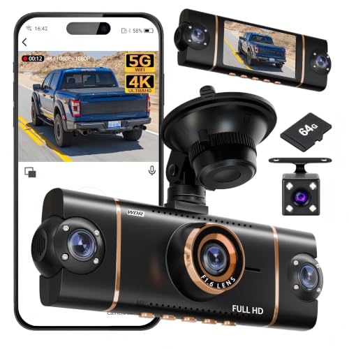 XYGCACO 4K Dash Cam Front and Rear, WiFi Dash Camera for Cars with App | 4K+1080P*3 FHD Dash Cam, 64G Card Included, G-Sensor Emergency Lock, 8 IR Lamps Night Vision, 24H Parking Monitor, Black Gold