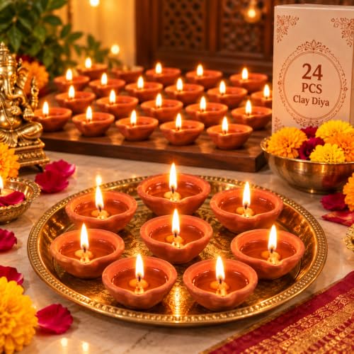 TIED RIBBONS 24 pcs Handmade Natural Clay Diya for Indian | Traditional Homemade Diwali Diyas Tealight | Indian Oil Lamp | Diwali Decorations | Indian Gifts, Pooja Decor | Terracotta Diyas