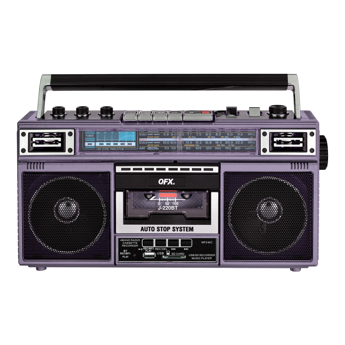 QFX Retro Bluetooth Boombox Cassette Tape Player Recorder, J-220BT, Purple | Portable, Dual 3" Speakers, AM/FM/SW1/SW2 Radio, Built-in Microphone, Recorder, 3-Band Equalizer - Limited Edition