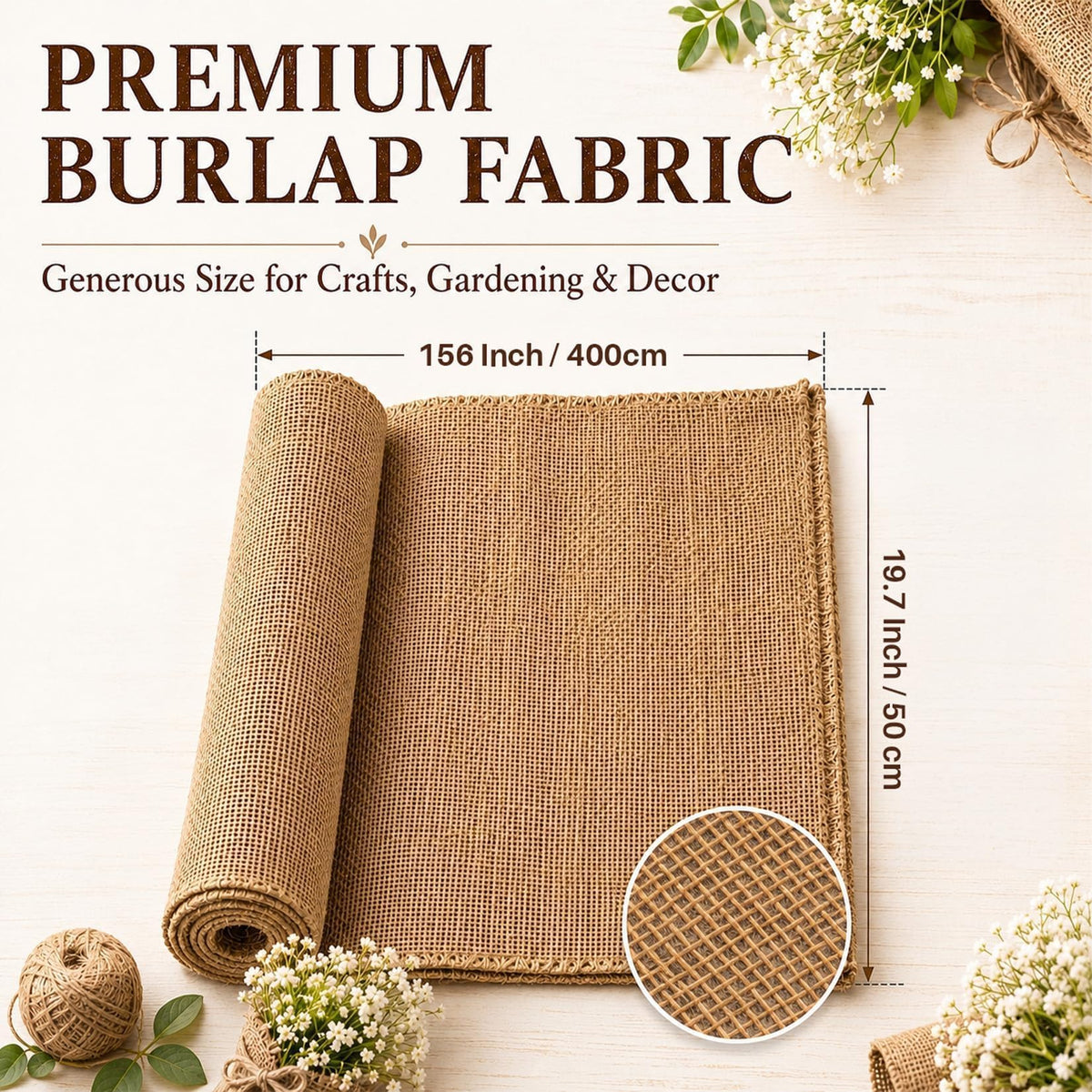RAINFLOW 19.7" x 13 Feet Burlap Fabric Roll - Natural Jute Burlap Roll | Multipurpose Garden Fabric for Weed Barrier, Tree Wrap, Plant Cover, Landscaping, Farmhouse Decor, Wedding Decor & Crafts