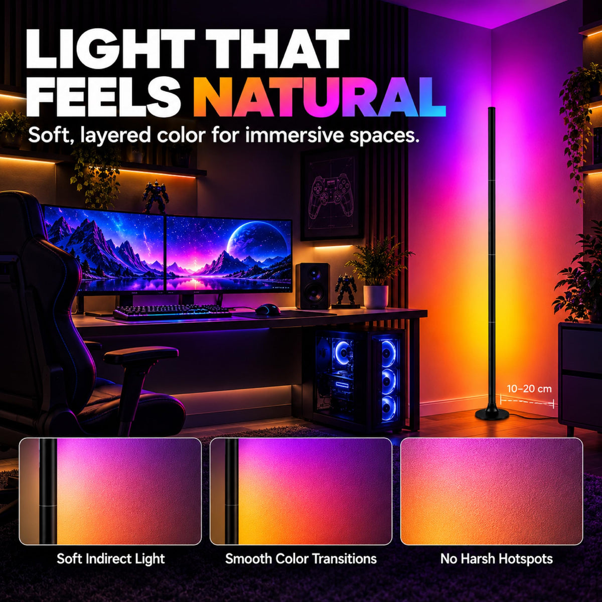 Corner Lamp for Gaming Room: Instant Ambiance in 1S - 16 Million DIY Colors | LED RGB Floor Light with Music Sync Color Changing - App/Remote Control Ambient Lighting for Music/Movie/Studio Room Decor