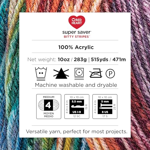 Red Heart Super Saver Bitty Stripes Crochet Yarn, Unicorn Mane, 2-Pack | #4 Medium Worsted 100% Acrylic Self-Striping Yarn for Knitting, Blankets, Hats, Scarves, and Sweaters, 515 yards, 283g/10oz