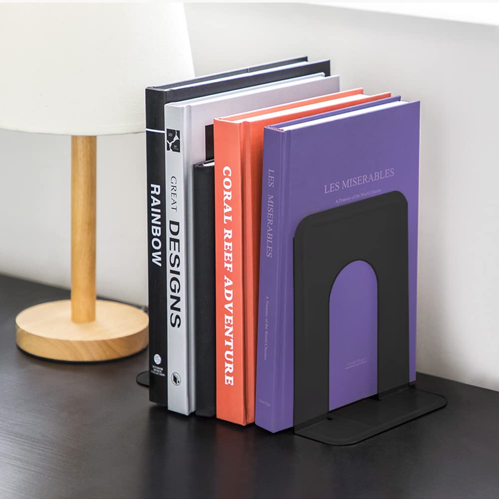 MaxGear Matte Painted Book Ends, Heavy Duty and Sturdy Bookends for Shelves | Office Non-Skid Metal Book End Stopper for Books/CDs/DVDs, 6 x 4.6 x 6 in, Black, 2 Pairs/4 Pieces, Large