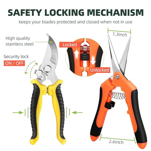EWPJDK 3 Pack Garden Pruning Shears Scissors Clippers Stainless Steel | Gardening Shears, Gardening Shears, Pruning Snips for Gardening Tools, Securely Lock, Non-Slip, Ergonomically Designed