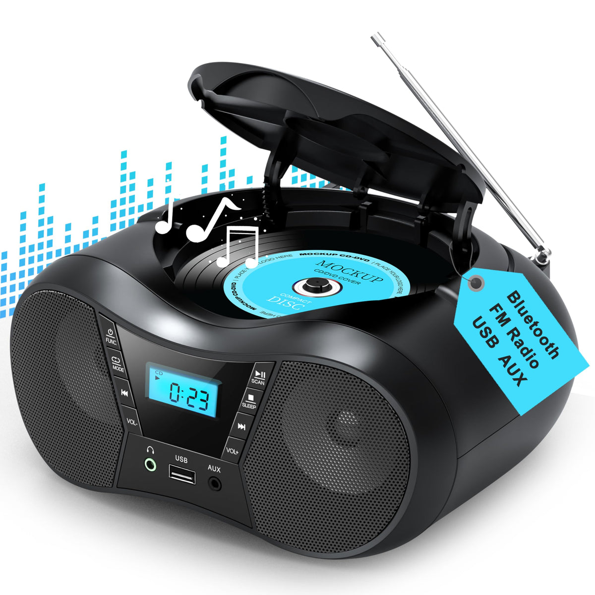 Greadio Portable Boombox CD Players for Home with Bluetooth, Stereo Sound | FM Radio CD Player, Simple Controls, CD/CD-R/RW, Compact, AC/Battery Power, USB & AUX Input Playback, Sleep Timer (Black