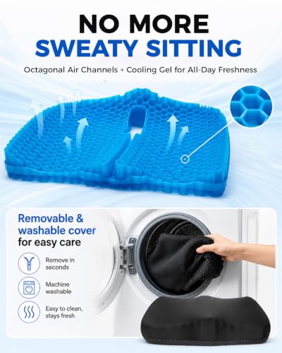 Zacro 3.5in Thick Gel Seat Cushion, Honeycomb Pad for Office Chair, Car | Cooling Gel Seat Cushion for Long Sitting, Ergonomic Hollow Center, Machine-Washable Cover, 16.5x14.6in