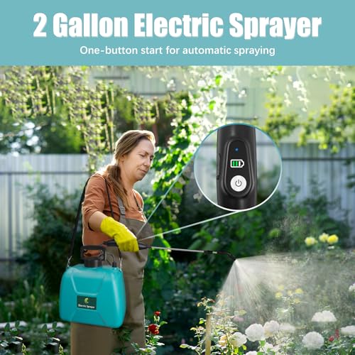 2 Gallon Battery Powered Sprayer, Electric Pump Sprayer in Lawn and Garden | USB Rechargeable Handle, 3 Mist Nozzles, Retractable Wand, Yard Sprayers with Adjustable Shoulder Strap for Yard, Garden