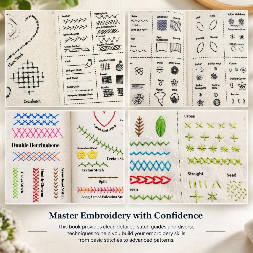 Embroidery Stitch Book Kit for Adults & DIY Craft Enthusiasts, Portable Embroidery Kit for Beginners, Includes Guide to 106 Patterns with Tools & Tutorials and 86-Piece Sewing Tool Set