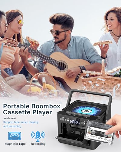 Sunoony Boombox Cassette CD Player Combo with Bluetooth, 5000mAh Battery | Rechargeable Cd and Cassette Player for Home,FM Radio/Remote Control/Tape Recording/AUX/TF/USB/Earphone Jack for Kids, Gift