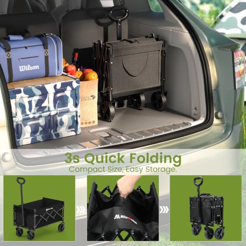 Blomoba Folding Wagon Cart with Wheels, 220lbs Utility Wagon Cart, Black | Collapsible Wagon with 360° All-Terrain Wheels & Adjustable Handle, Foldable Cart for Groceries Camping Sports Gardening