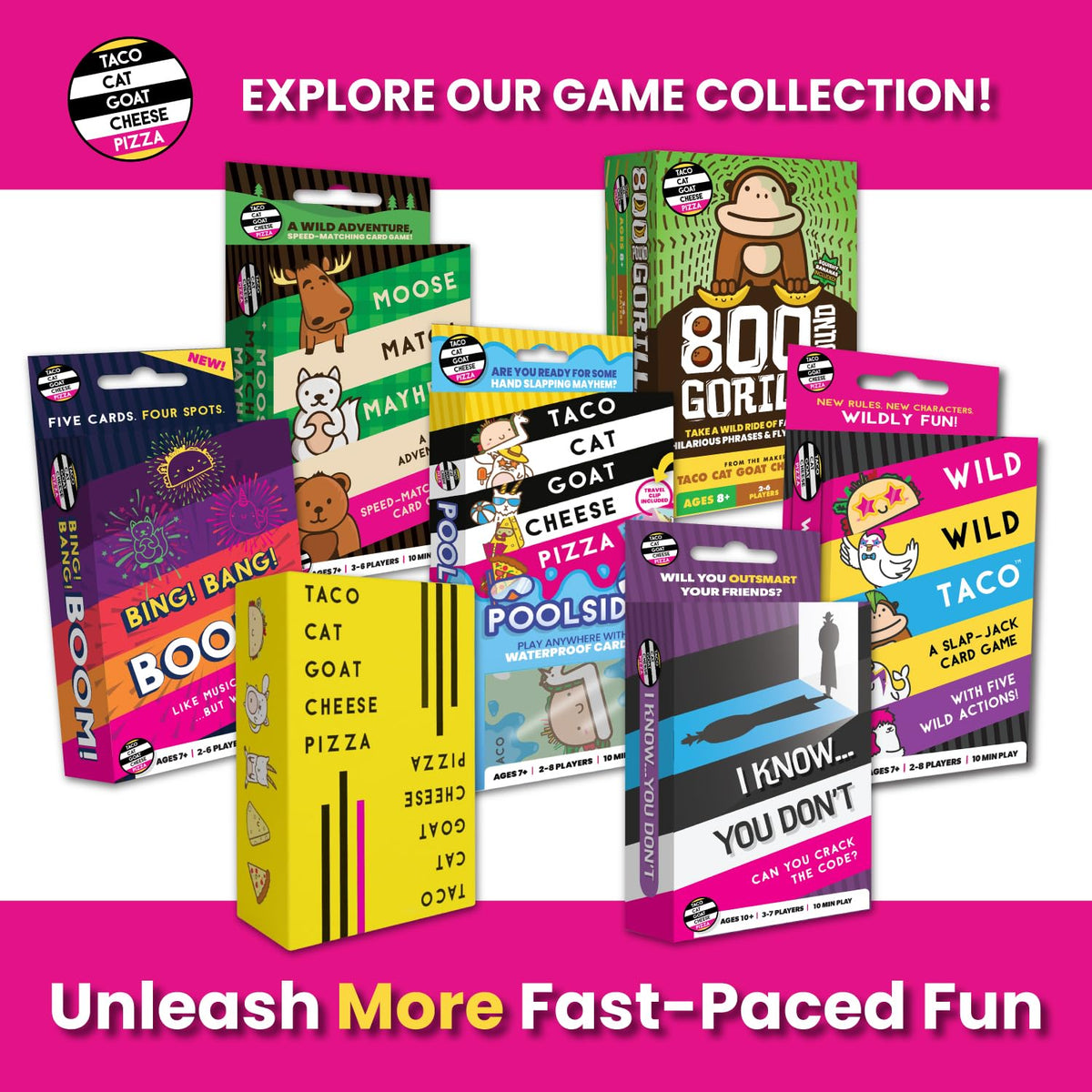 Taco Cat Goat Cheese Pizza Card Game by Taco Cat Games, Age 7+, 2-8 Players | 10 min rounds, Slap pile when word matches card, Action cards add twists, Builds reflexes, Fun for all ages
