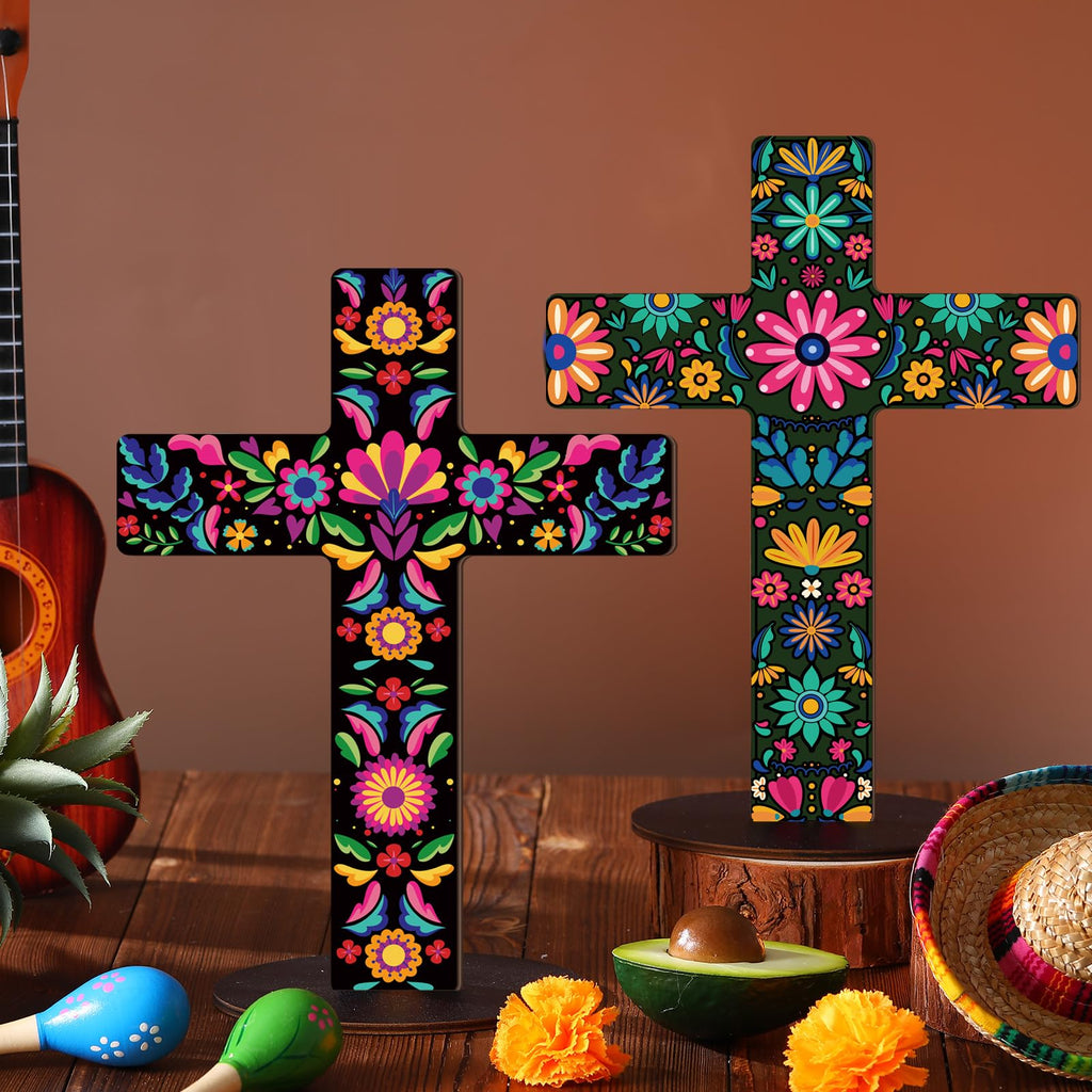 Pinkunn 2 Pcs Day of The Dead Cross Decor, Floral | 9 X12 in Hand Painted Wooden Dia De Los Muertos Cross, Mexican Altar Ofrenda Decor, Spanish Crucifix, Home Church Centerpiece
