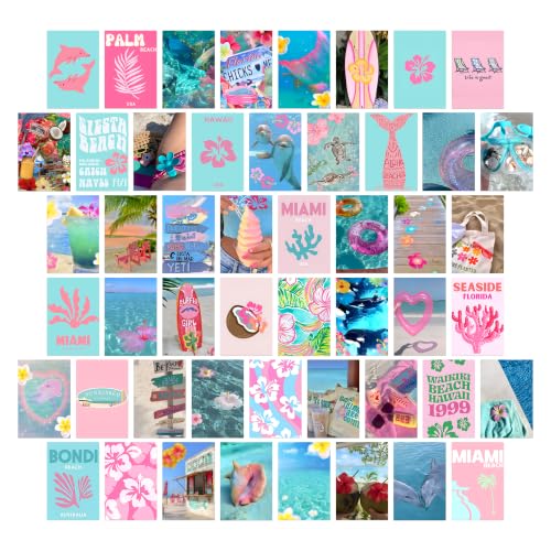 NEXVQRAZ Coastal Granddaughter Room Decor, Pink and Blue Wall Collage Kit 50 Pcs, Beach Wall Art Prints for Bedroom, 4"x6" Coastal Cowgirl Photo Collage Kit Pictures, Coconut Girl Posters Dorm Decor