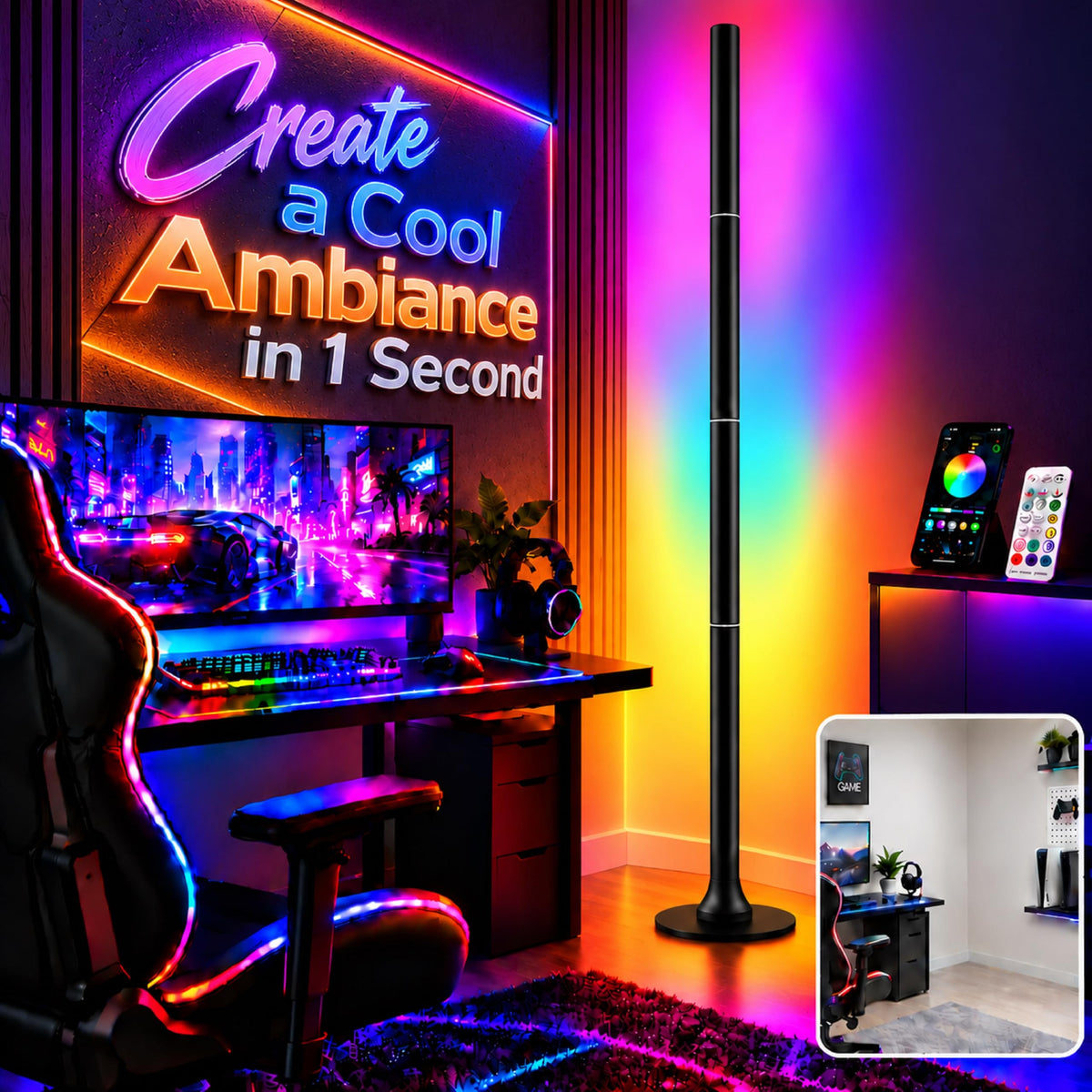 Corner Lamp for Gaming Room: Instant Ambiance in 1S - 16 Million DIY Colors | LED RGB Floor Light with Music Sync Color Changing - App/Remote Control Ambient Lighting for Music/Movie/Studio Room Decor