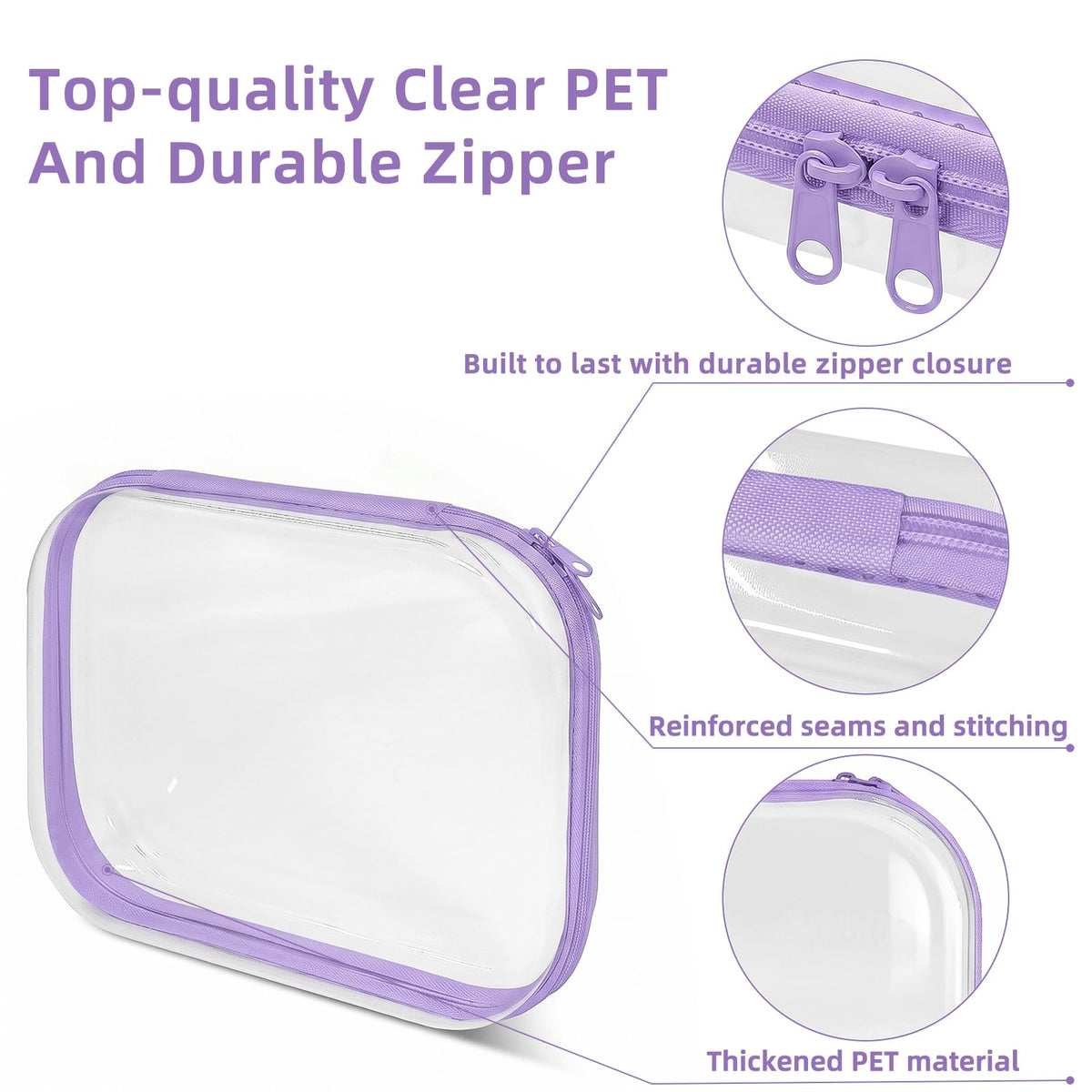 CarryEpic Clear Hard Shell Zipper Cases (5 Packs), Plastic Hard Sided Zippers Pouches Clear Hardshell Pencil Case For Storage, Diaper Bag Organizer Bliss Bins 4*Small/1*Medium, Purple