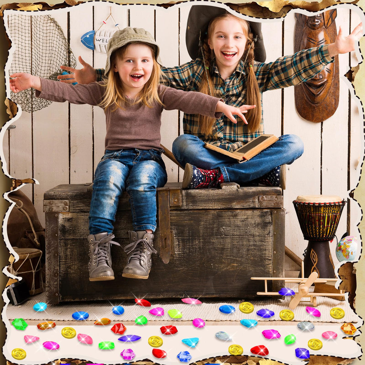 MARFOREVER 480 Pieces Pirate Treasure Pool Toy Gems Plastic Gold Coins | Acrylic Bling Gemstones, Colorful Fake Diamonds, Pirate Adventure Party Decorations, Kids Summer Sand Toy, Pirate Favors Gift
