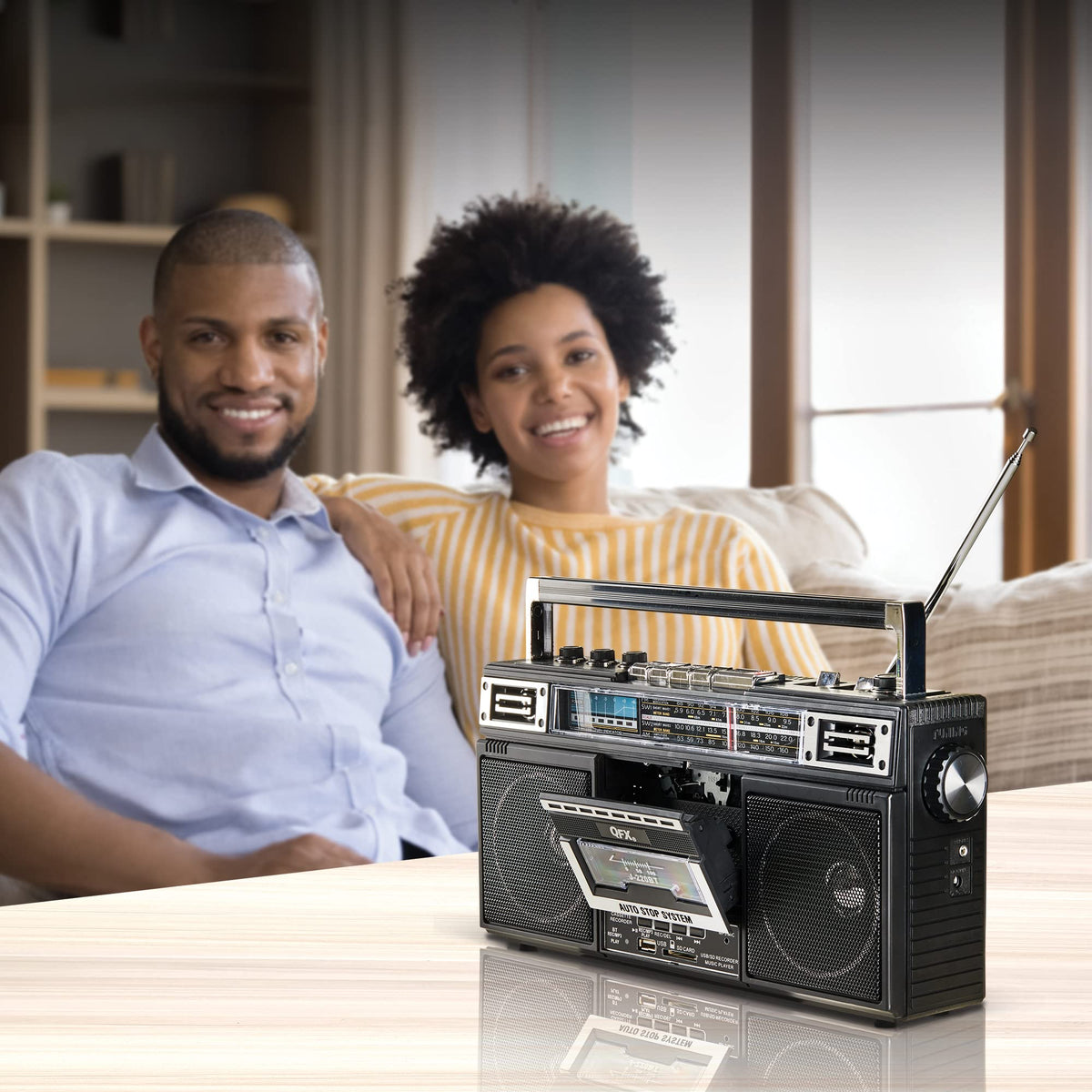 QFX Retro Bluetooth Boombox Cassette Tape Player Recorder, J-220BT, Black | Portable, Dual 3" Speakers, AM/FM/SW1/SW2 Radio, Rechargeable Battery, Built-In Mic, Recorder, 3-Band Equalizer
