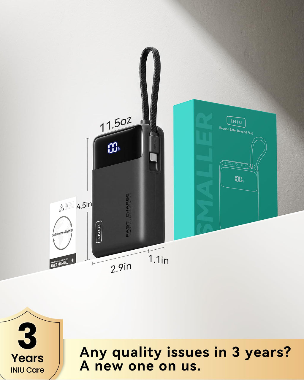 INIU 20000mAh Portable Charger, Smaller 45W Fast Charging Travel Power Bank | Flight-Safe, Built in USB-C Cable, Travel Essential, Battery Phone Pack for iPhone 18 17 16 Pro, Samsung S26, iPad etc, Black