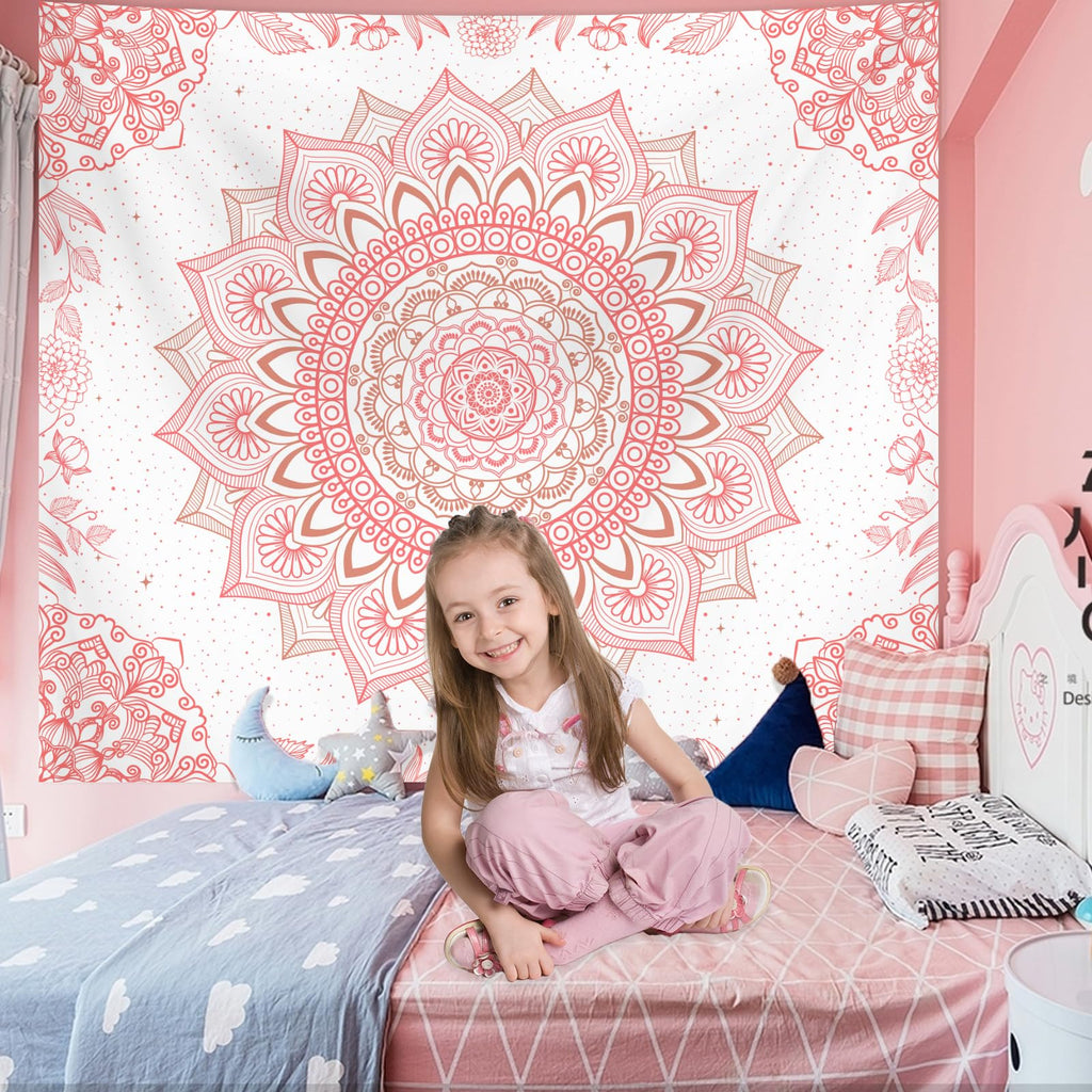 Apdidl Pink Boho Wall Tapestry for Bedroom,Mandala Bohemian Tapestries Girl | Girls Large Light Pink and White Cute Room Wall Hanging, Floral Hippy Flowers Teen Wall Decor Art Aesthetic for Dorm 51"X60"