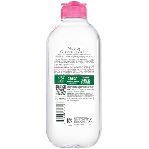 Garnier Micellar Water, Hydrating Facial Cleanser & Makeup Remover, Suitable for Sensitive Skin, Vegan, Cruelty Free, 13.5 Fl Oz (400mL), 1 Count