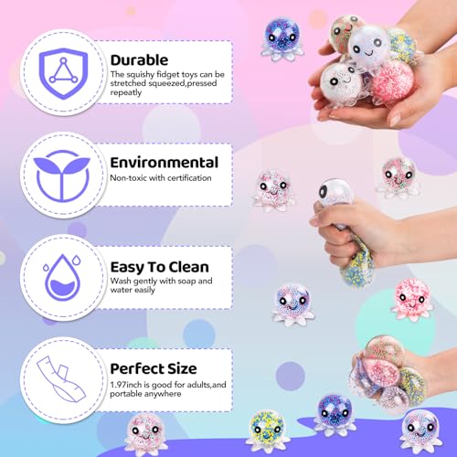 VESPRO 12 Pack Fidget Stress Balls for Adults, Cute Octopus Stress Ball | Features a soft, squeezable texture, Bulk Squishy Squeeze Ball Toys Set for Classroom Prizes and Birthday Party Favors