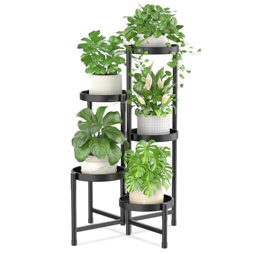 iDavosic.ly Plant Stand Indoor Outdoor, 5 Tier Metal Corner Shelf, Black | Tiered Flower Display Holder, Folding Multi Orchid Rack, Easy to Assemble, Space Saving Patio Balcony Porch Garden House