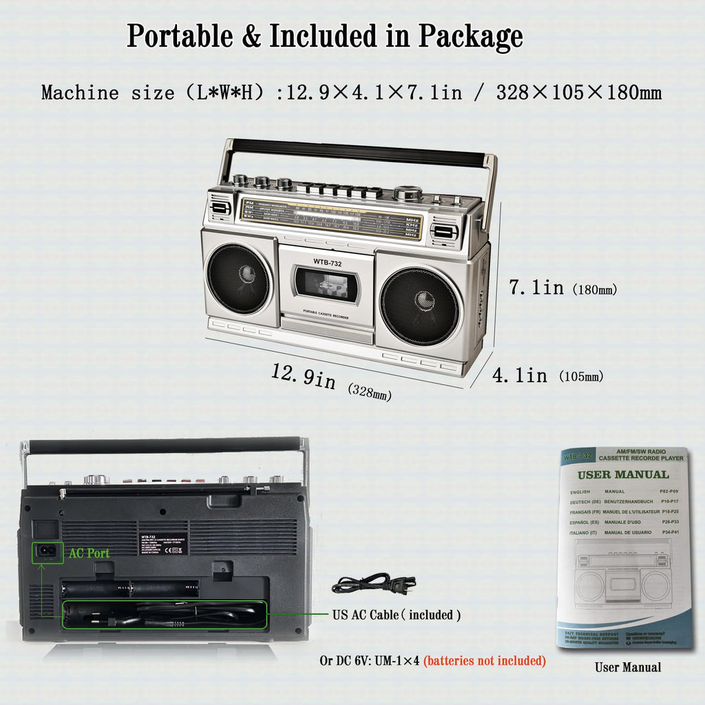 Retro Classic 80s Style Portable Boombox with Cassette Player Recorder, AM/FM/SW1/SW2 Radio, Bluetooth, USB/Micro SD Slots, Headphone Jack, 24W Dual Full-Range High Bass Speakers