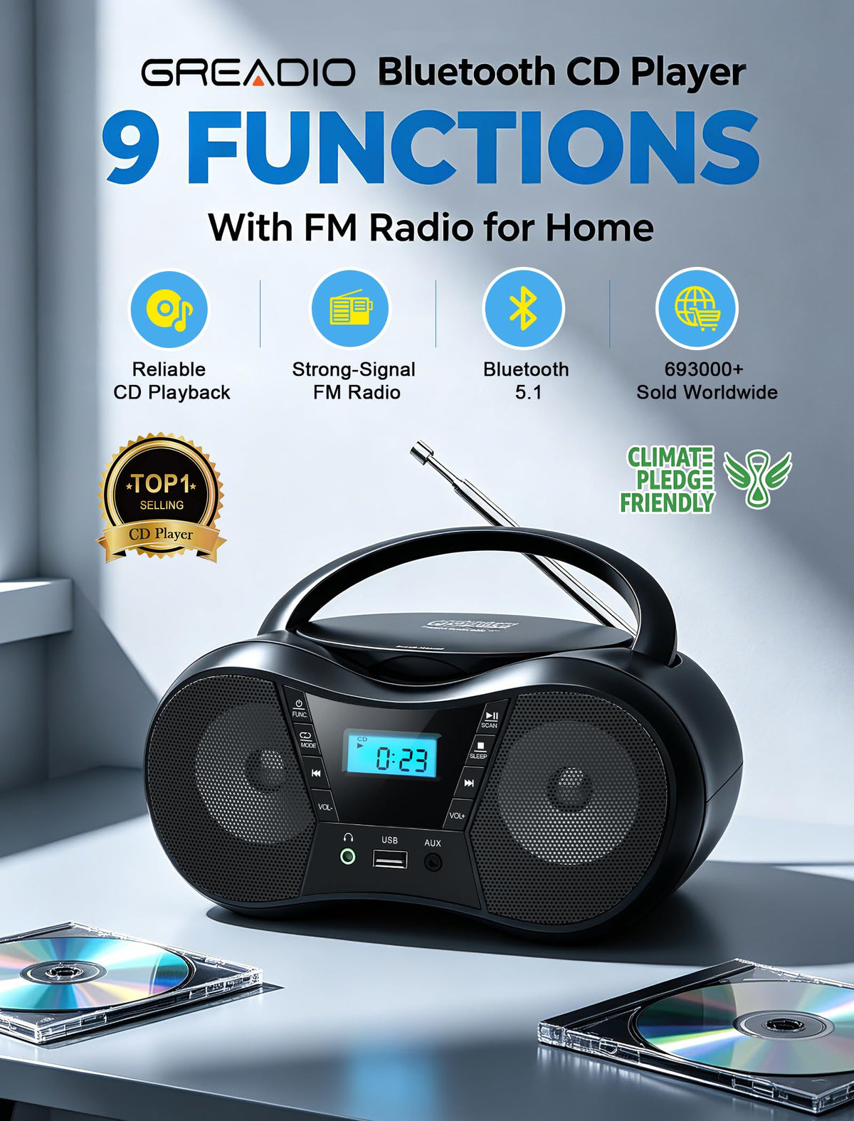 Greadio Portable Boombox CD Players for Home with Bluetooth, Stereo Sound | FM Radio CD Player, Simple Controls, CD/CD-R/RW, Compact, AC/Battery Power, USB & AUX Input Playback, Sleep Timer (Black