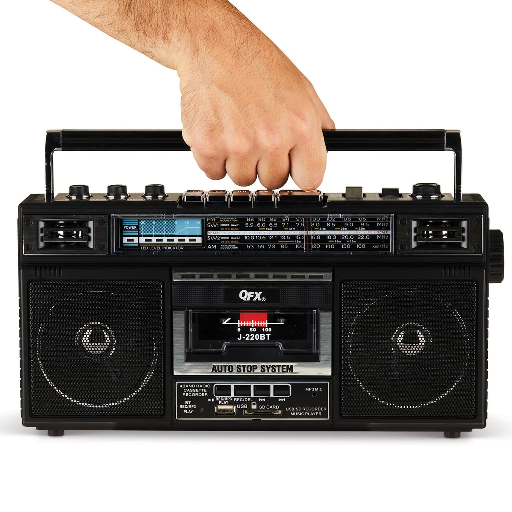 QFX Retro Bluetooth Boombox Cassette Tape Player Recorder, J-220BT, Black | Portable, Dual 3" Speakers, AM/FM/SW1/SW2 Radio, Rechargeable Battery, Built-In Mic, Recorder, 3-Band Equalizer
