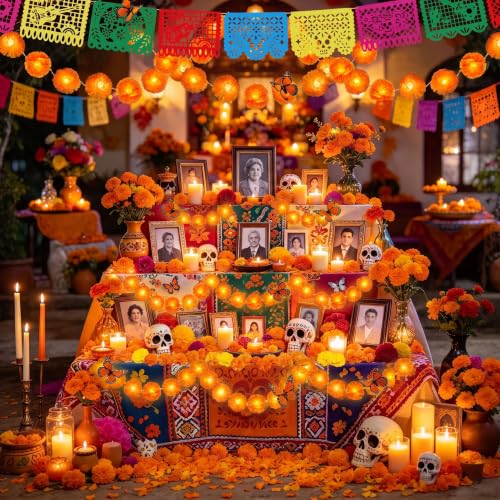 132Pcs Day of The Dead Decor Kit Dia De Los Muertos Decorations Altar Decor | Marigold Garland Light 9 Papel Picado Banners 7 Paper Flowers 50 Marigold Flowers with 50 Stems 15 Butterflies for Diwali