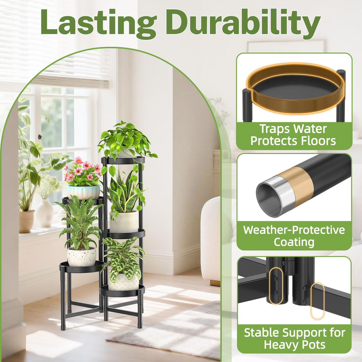 iDavosic.ly Plant Stand Indoor Outdoor, 5 Tier Metal Corner Shelf, Black | Tiered Flower Display Holder, Folding Multi Orchid Rack, Easy to Assemble, Space Saving Patio Balcony Porch Garden House