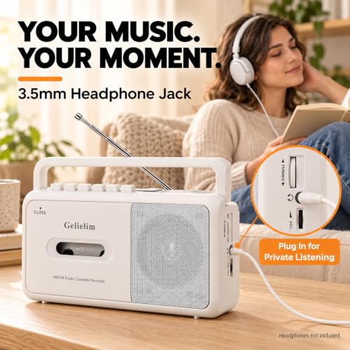 Cassette Tape Player, Portable Radio Cassette Player, Tape Recorder Cassette Player with Speaker,Headphone Jack, Battery/AC Power Casette Player, for Home and Travel, Elderly Gift,White