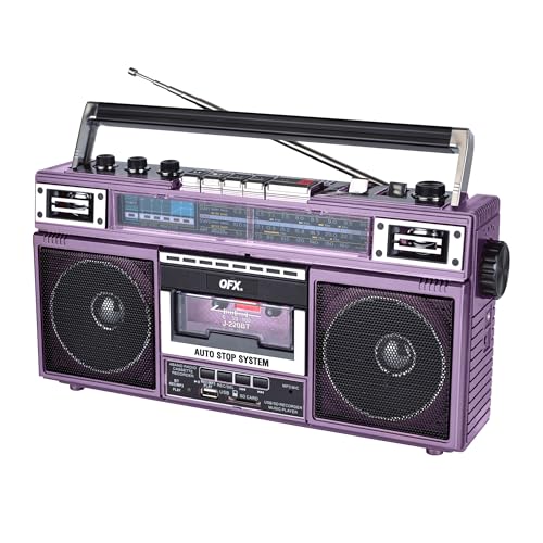 QFX Retro Bluetooth Boombox Cassette Tape Player Recorder, J-220BT, Purple | Portable, Dual 3" Speakers, AM/FM/SW1/SW2 Radio, Built-in Microphone, Recorder, 3-Band Equalizer - Limited Edition