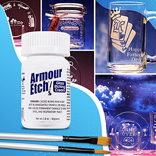 Armour Etch Glass Etching Cream 2.8oz Net Wt. Bundle with Moshify Brushes | Works with stencils to etch detailed designs on windows, mirrors and glassware for custom gifts and home décor projects