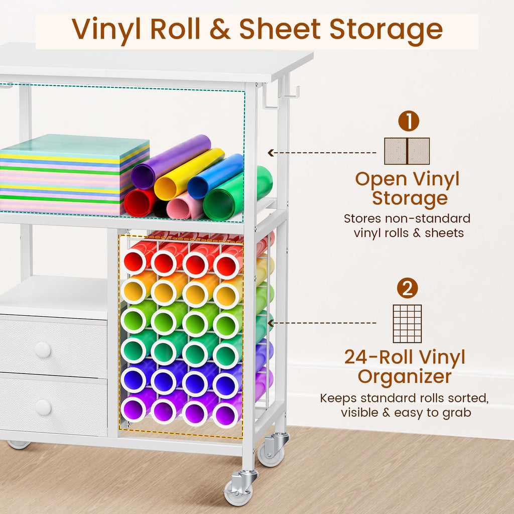 Snughome Rolling Craft Cart for Cricut Machine, Organizer and Storage Stand | 23.6" x 15" Worktop, Large Craft Organizer Cart with 24 Vinyl Roll Holders, 2 Fabric Drawers, 4 Hooks and 4 Silent Casters