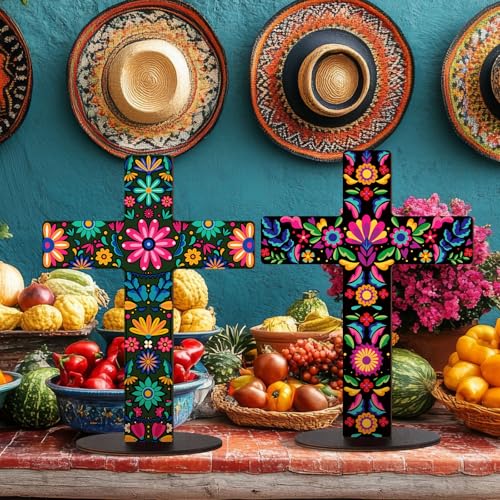 Pinkunn 2 Pcs Day of The Dead Cross Decor, Floral | 9 X12 in Hand Painted Wooden Dia De Los Muertos Cross, Mexican Altar Ofrenda Decor, Spanish Crucifix, Home Church Centerpiece