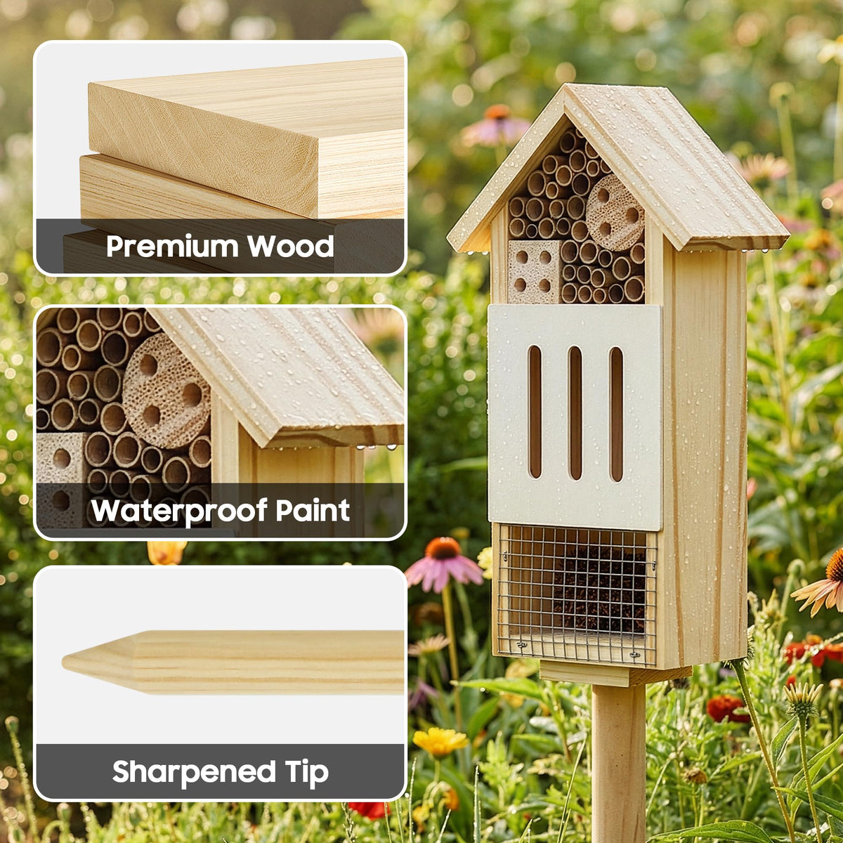 UUMENHA Bee House Bug Hotel & Butterfly House with Stake,Ladybug Hotel | Natural Insect Habitat for Garden, Patio, or Yard, Attracts Pollinators, 10.4 x 5.5 x 3.2 Inches,14 inches Stake