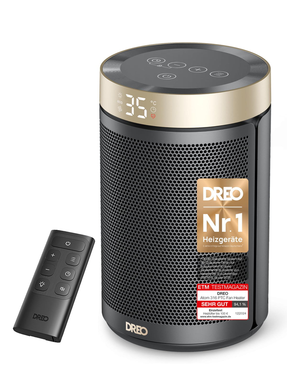 Dreo Energy-Saving Fan Heater, 34 dB Quiet 1500 W Electric PTC Ceramic, Thermostat, Overheating & Tilt Protection, 12 Hour Timer, Electric Heater for Rooms, Bedrooms, Heater 316, Gold